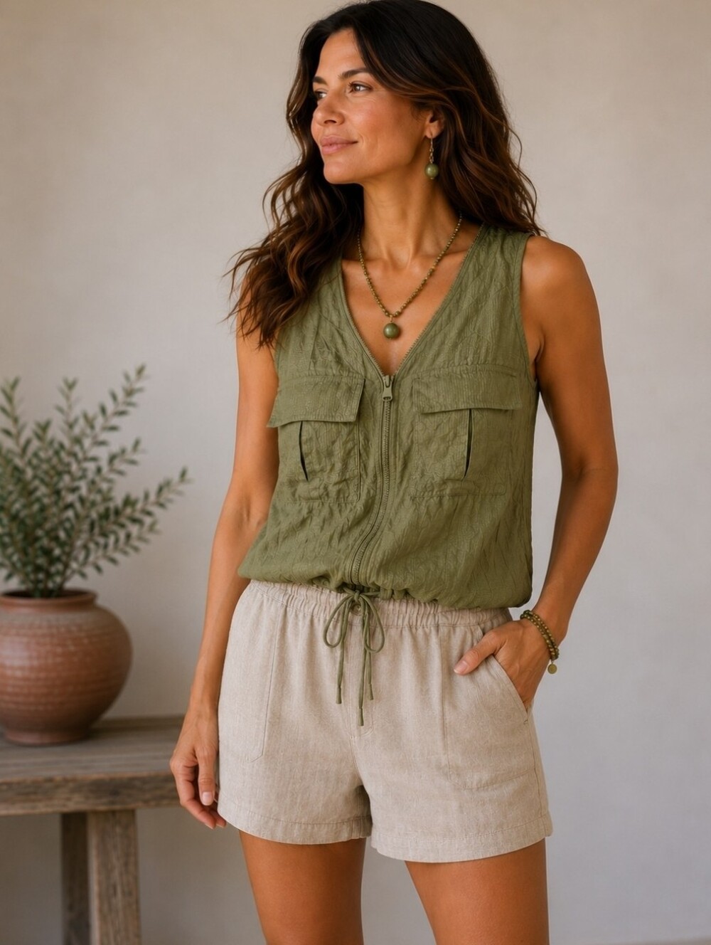 Trina Turk S “Karmandy” Green Sleeveless Silk Zipper Front Military Summer